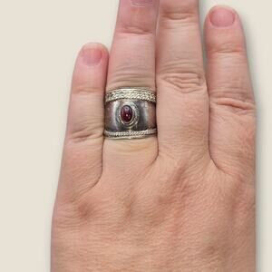 Garnet Tudor-Style Sterling Silver Garnet Ring Size 10.5 Wide Band Vintage